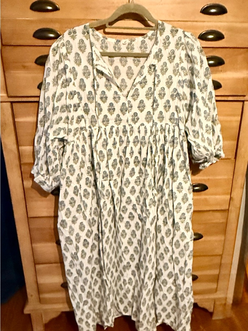 Women’s White and Sage Block Print Cotton Dress